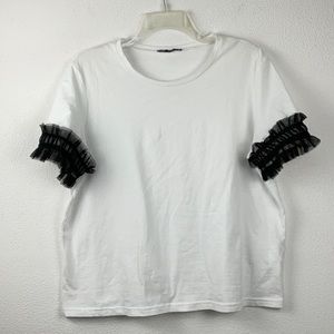 Zara White short sleeve T-shirt with Black Lace fringe.   B